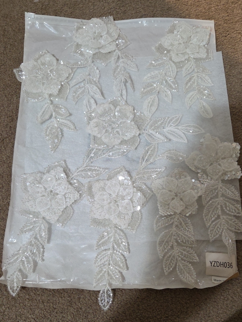 White Floral Sequin Appliqué Trim for DIY Wedding Outfits/Accessories